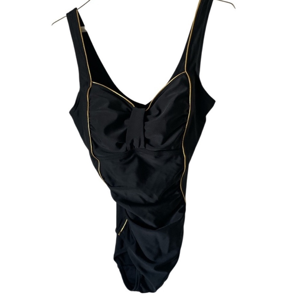 Simon Chang | Gorgeous one piece black swimsuit with gold trim. Size 10